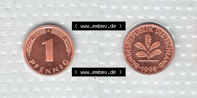 Münze der BRD-Deutschland 1998, Mzz. A für Berlin, 1 Pfennig RS+VS horizontal Farbe Sammlung