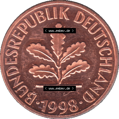 Münze der BRD-Deutschland 1998, Mzz. A für Berlin, Zwei 2 Pfennig Transparent Vorderseite Sammlung