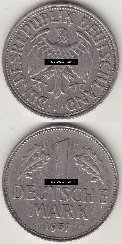 BRD Münze Deutschland Original Bild in PNG 1950-2001, 1 Eine Deutsche Mark, 1957 J-1 VS+RS vertikal Farbe (1) - Digitalisierte... Sammlung