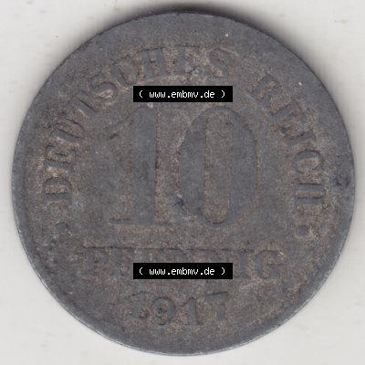 Weimarer Republik Umlaufmünze 1917-1922, 10 Pfennig kein Mzz. 1917 II, Münzen Rückseite zum Download Sammlung
