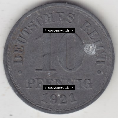 Weimarer Republik Umlaufmünze 1917-1922, 10 Pfennig Reichsadler, Keine Prägestätte 1921, Münzen Rückseite zum Download Sammlung