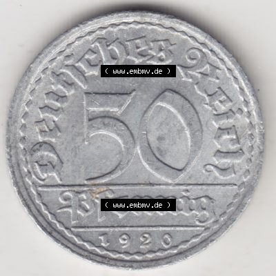 Weimarer Republik Umlaufmünze 1919-1922, 50 Pfennig A, 1920 Sich Regen Bringt Segen, Münzen Rückseite zum Download Sammlung