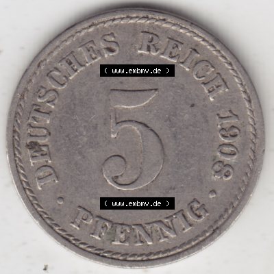 Deutsches Kaiserreich Umlaufmünze 1890-1915, 5 Pfennig A, 1908, Münzen Rückseite zum Download Sammlung