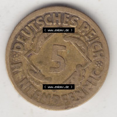 Weimarer Republik Umlaufmünze 1923-1924, 5 Rentenpfennig D, 1924 II, Münzen Rückseite zum Download Sammlung