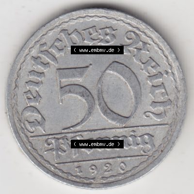 Weimarer Republik Umlaufmünze 1919-1922, 50 Pfennig A, 1920, Münzen Rückseite zum Download Sammlung