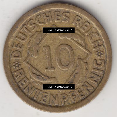 Weimarer Republik Umlaufmünze 1923-1925, 10 Rentenpfennig F, 1924, Münzen Rückseite zum Download Sammlung