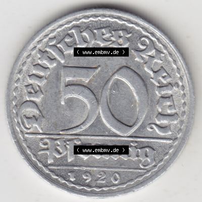 Weimarer Republik Umlaufmünze 1919-1922, 50 Pfennig D, 1920 Sich Regen Bringt Segen, Münzen Rückseite zum Download Sammlung