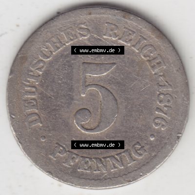 Deutsches Kaiserreich Umlaufmünze 1874-1889, 5 Pfennig J, 1876, Münzen Rückseite zum Download Sammlung