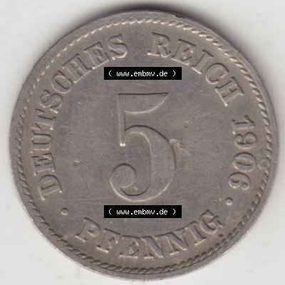 Deutsches Kaiserreich Umlaufmünze 1890-1915, 5 Pfennig J, 1906, Münzen Rückseite zum Download Sammlung