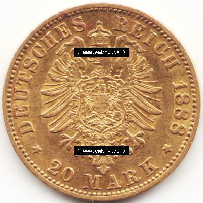 Goldmünze Kaiserreich 1888-1888, 20 Mark Friedrich III., Münzen Rückseite zum Download Sammlung