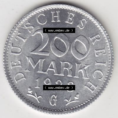 Weimarer Republik Umlaufmünze 1923-1923, 200 Mark G, 1923, Münzen Rückseite zum Download Sammlung