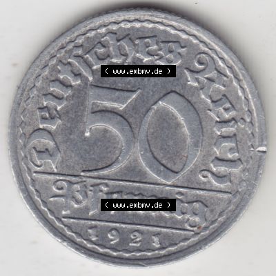 Weimarer Republik Umlaufmünze 1919-1922, 50 Pfennig F, 1921, Münzen Rückseite zum Download Sammlung