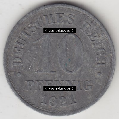 Weimarer Republik Umlaufmünze 1917-1922, 10 Pfennig Reichsadler, Keine Prägestätte 1921 II, Münzen Rückseite zum Download Sammlung