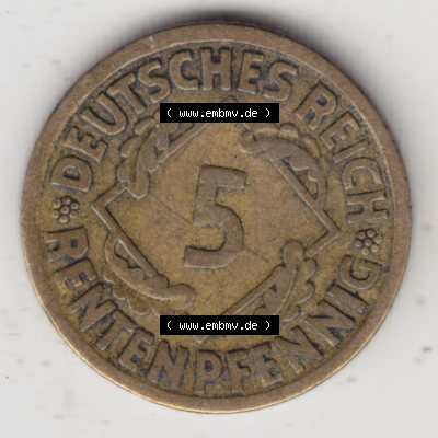 Weimarer Republik Umlaufmünze 1923-1924, 5 Rentenpfennig J, 1924, Münzen Rückseite zum Download Sammlung