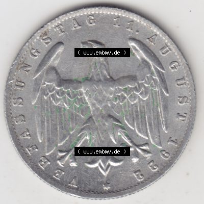 Weimarer Republik Umlaufmünze 1922-1923, 3 Mark G, 1923 Verfassungstag 11. August 1922, Münzen Vorderseite zum Download Sammlung