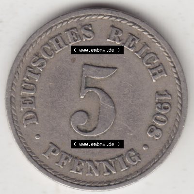 Deutsches Kaiserreich Umlaufmünze 1890-1915, 5 Pfennig A, 1908 II, Münzen Rückseite zum Download Sammlung