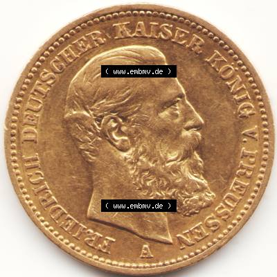 Goldmünze Kaiserreich 1888-1888, 20 Mark Friedrich III., Münzen Vorderseite zum Download Sammlung