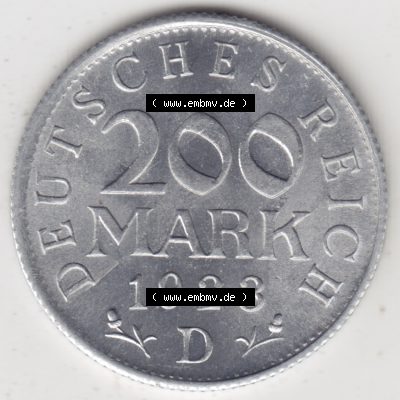 Weimarer Republik Umlaufmünze 1923-1923, 200 Mark D, 1923, Münzen Rückseite zum Download Sammlung