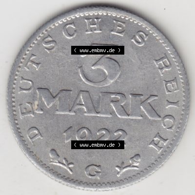 Weimarer Republik Umlaufmünze 1922-1923, 3 Mark G, 1923 Verfassungstag 11. August 1922, Münzen Rückseite zum Download Sammlung