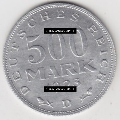 Weimarer Republik Umlaufmünze 1923-1923, 500 Mark D, 1923, Münzen Rückseite zum Download Sammlung