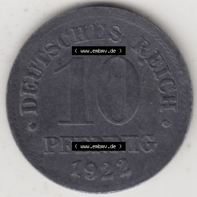 Weimarer Republik Umlaufmünze 1917-1922, 10 Pfennig kein Mzz. 1922, Münzen Rückseite zum Download Sammlung