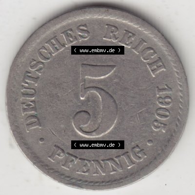 Deutsches Kaiserreich Umlaufmünze 1890-1915, 5 Pfennig A, 1905, Münzen Rückseite zum Download Sammlung