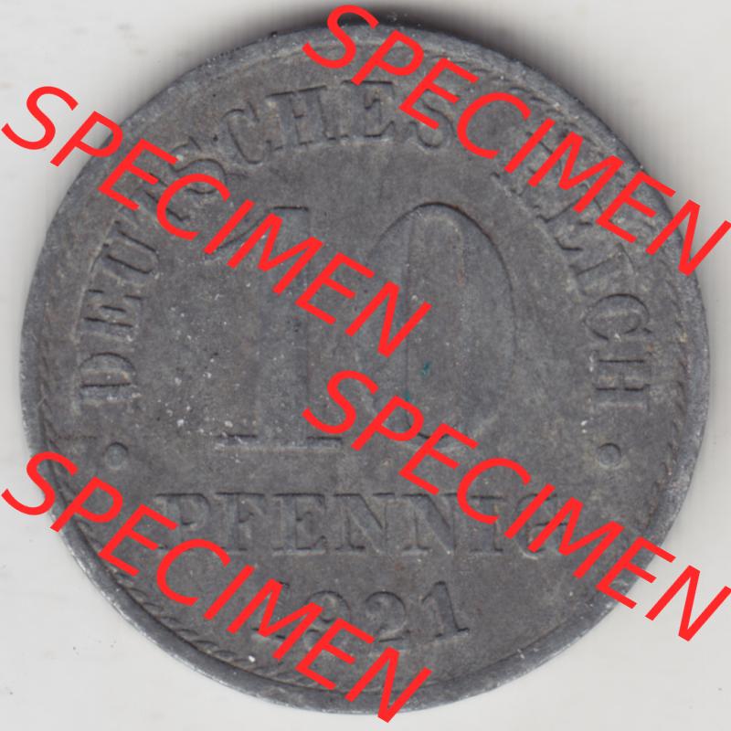 Weimarer Republik Umlaufmünze 1917-1922, 10 Pfennig Reichsadler, Keine Prägestätte 1921 II, Münzen Rückseite zum Download Sammlung