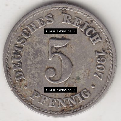 Deutsches Kaiserreich Umlaufmünze 1890-1915, 5 Pfennig A, 1907 II, Münzen Rückseite zum Download Sammlung