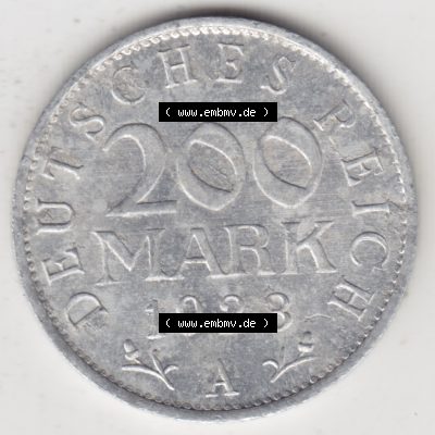 Weimarer Republik Umlaufmünze 1923-1923, 200 Mark A, 1923 II, Münzen Rückseite zum Download Sammlung