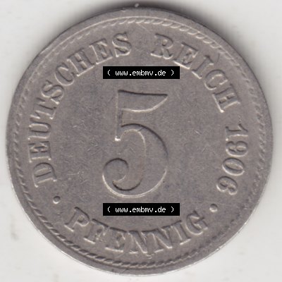 Deutsches Kaiserreich Umlaufmünze 1890-1915, 5 Pfennig A, 1906, Münzen Rückseite zum Download Sammlung