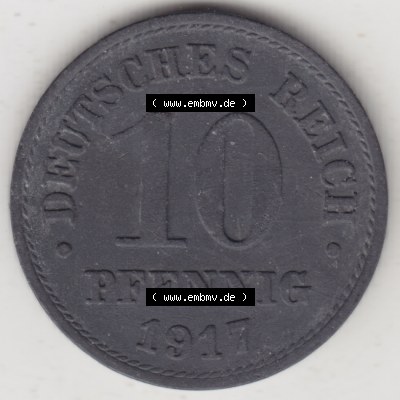 Weimarer Republik Umlaufmünze 1917-1922, 10 Pfennig kein Mzz. 1917 I, Münzen Rückseite zum Download Sammlung
