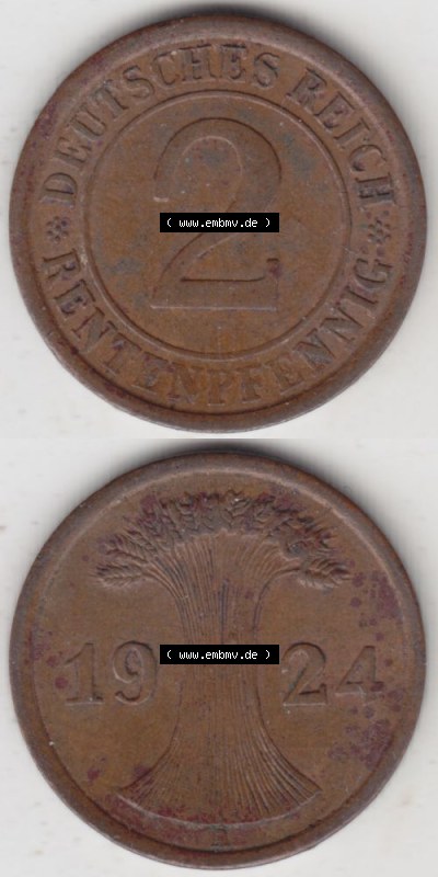Weimarer Republik Umlaufmünze 1923-1936, 2 Reichspfennig A, 1924, Münzen Vollansicht Vertikal zum Download Sammlung