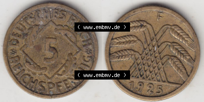 Weimarer Republik Umlaufmünze 1924-1936, 5 Reichspfennig F, 1925, Münzen Vollansicht Horizontal zum Download Sammlung