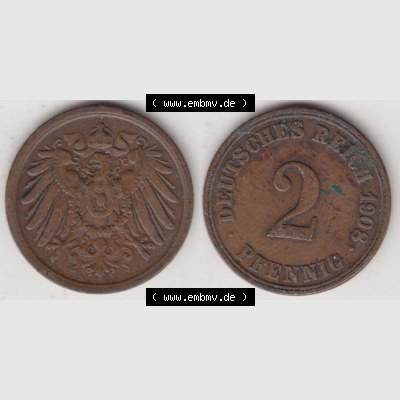 Deutsches Kaiserreich Umlaufmünze 1904-1916, 2 Pfennig A, 1908 II, Münzen Vollansicht Horizontal zum Download Sammlung