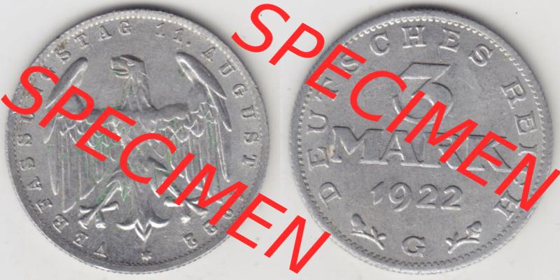 Weimarer Republik Umlaufmünze 1922-1923, 3 Mark G, 1923 Verfassungstag 11. August 1922, Münzen Vollansicht Horizontal zum Download Sammlung