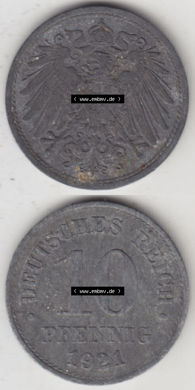 Weimarer Republik Umlaufmünze 1917-1922, 10 Pfennig Reichsadler, Keine Prägestätte 1921 II, Münzen Vollansicht Vertikal zum... Sammlung