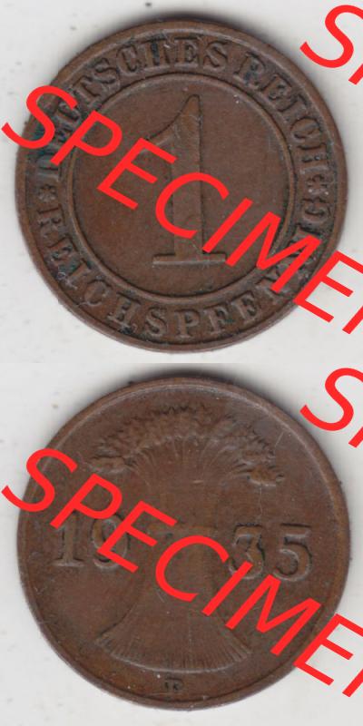 Deutsches Reich Umlaufmünze 1924-1936, 1 Reichspfennig D, 1935, Münzen Vollansicht Vertikal zum Download für Mobile-Geräte Sammlung