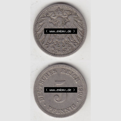 Deutsches Kaiserreich Umlaufmünze 1890-1915, 5 Pfennig D, 1908, Münzen Vollansicht Vertikal zum Download Sammlung