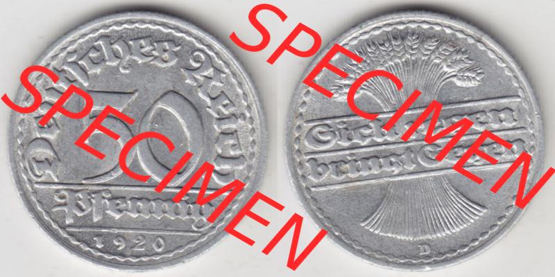 Weimarer Republik Umlaufmünze 1919-1922, 50 Pfennig D, 1920 Sich Regen Bringt Segen, Münzen Vollansicht Horizontal zum Download Sammlung