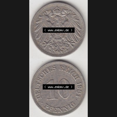 Deutsches Kaiserreich Umlaufmünze 1890-1916, 10 Pfennig D, 1904, Münzen Vollansicht Vertikal zum Download Sammlung