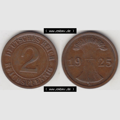 Weimarer Republik Umlaufmünze 1924-1936, 2 Reichspfennig A, 1925, Münzen Vollansicht Horizontal zum Download Sammlung