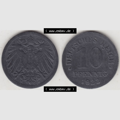 Weimarer Republik Umlaufmünze 1917-1922, 10 Pfennig kein Mzz. 1922, Münzen Vollansicht Horizontal zum Download Sammlung