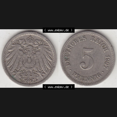 Deutsches Kaiserreich Umlaufmünze 1890-1915, 5 Pfennig A, 1907 I., Münzen Vollansicht Horizontal zum Download Sammlung
