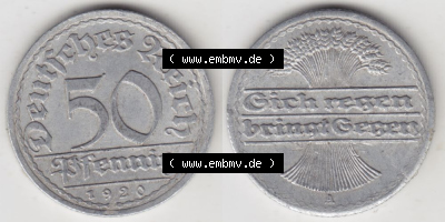 Weimarer Republik Umlaufmünze 1919-1922, 50 Pfennig A, 1920, Münzen Vollansicht Horizontal zum Download Sammlung
