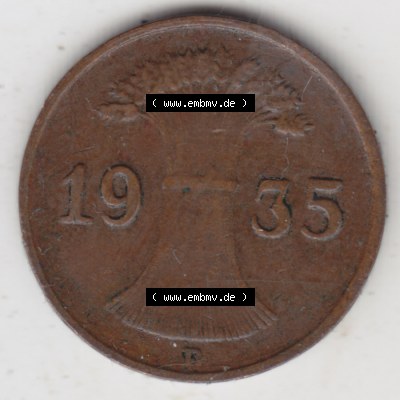 Deutsches Reich Umlaufmünze 1924-1936, 1 Reichspfennig D, 1935, Münzen Rückseite zum Download Sammlung