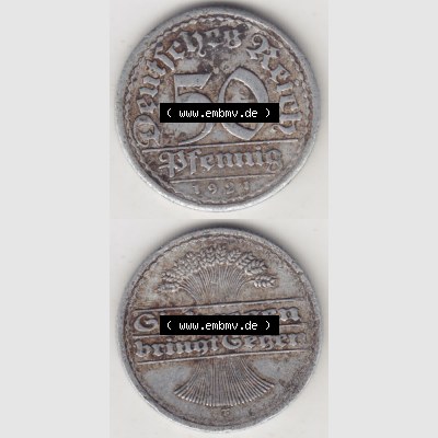 Weimarer Republik Umlaufmünze 1919-1922, 50 Pfennig F, 1921 Sich Regen Bringt Segen, Münzen Vollansicht Vertikal zum Download für Mobile-Geräte Sammlung