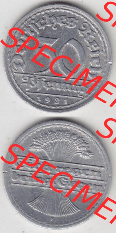Weimarer Republik Umlaufmünze 1919-1922, 50 Pfennig F, 1921, Münzen Vollansicht Vertikal zum Download für Mobile-Geräte Sammlung