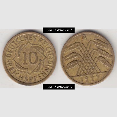 Weimarer Republik Umlaufmünze 1924-1936, 10 Reichspfennig A, 1929, Münzen Vollansicht Horizontal zum Download Sammlung