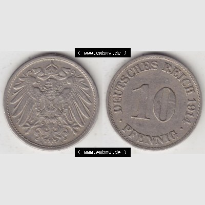 Deutsches Kaiserreich Umlaufmünze 1890-1916, 10 Pfennig A, 1914, Münzen Vollansicht Horizontal zum Download Sammlung