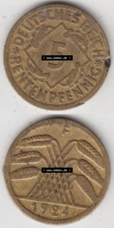 Weimarer Republik Umlaufmünze 1924-1936, 5 Reichspfennig F, 1924 I, Münzen Vollansicht Vertikal zum Download Sammlung